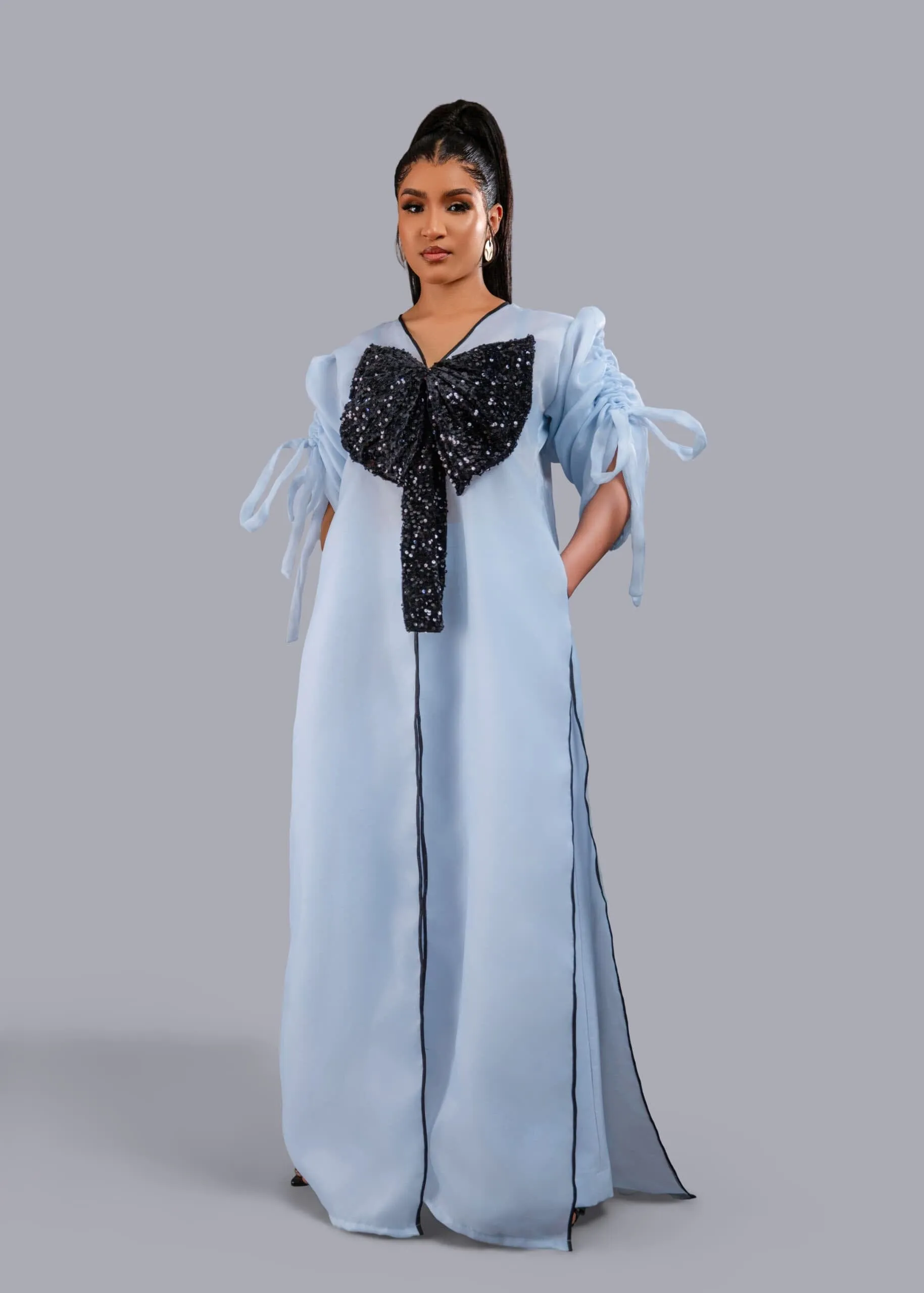 Blue kimono with black bow sequin and wide leg pant set. sold by Folklore Shop product image thumbnail 3