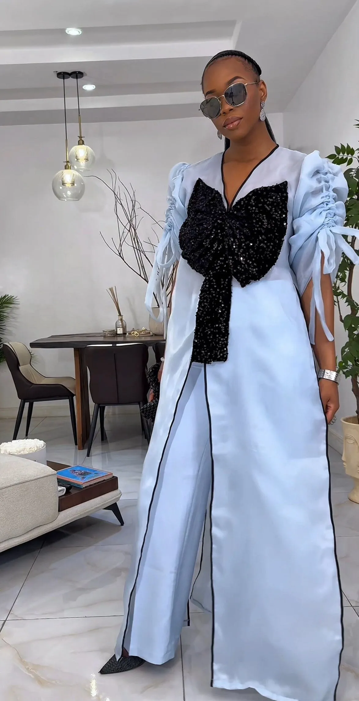 Blue kimono with black bow sequin and wide leg pant set. sold by Folklore Shop product image thumbnail 4