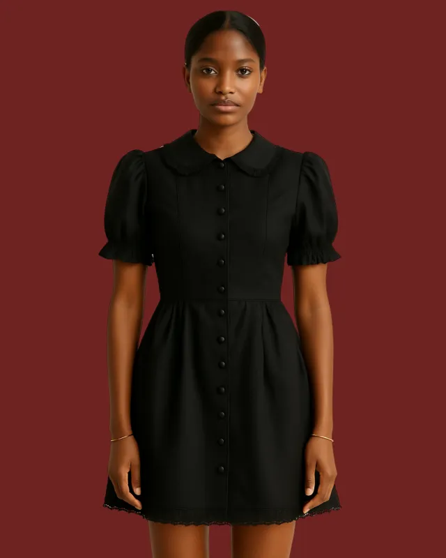 Noir Puff Sleeve Mini Dress – Black Cotton-Linen with Peter Pan Collar sold by Folklore Shop