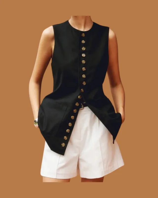 Amari Sculpted Sleeveless Top – Black Button-Front Linen Vest sold by Folklore Shop