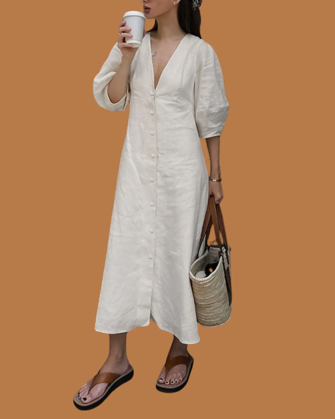 Isla Button-Down Linen Midi Dress – White V-Neck with ¾ Sleeves sold by Folklore Shop