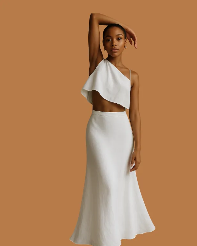 The Ivory Cascade Two-Piece Set – Linen Crop Top & Flowy Skirt sold by Folklore Shop