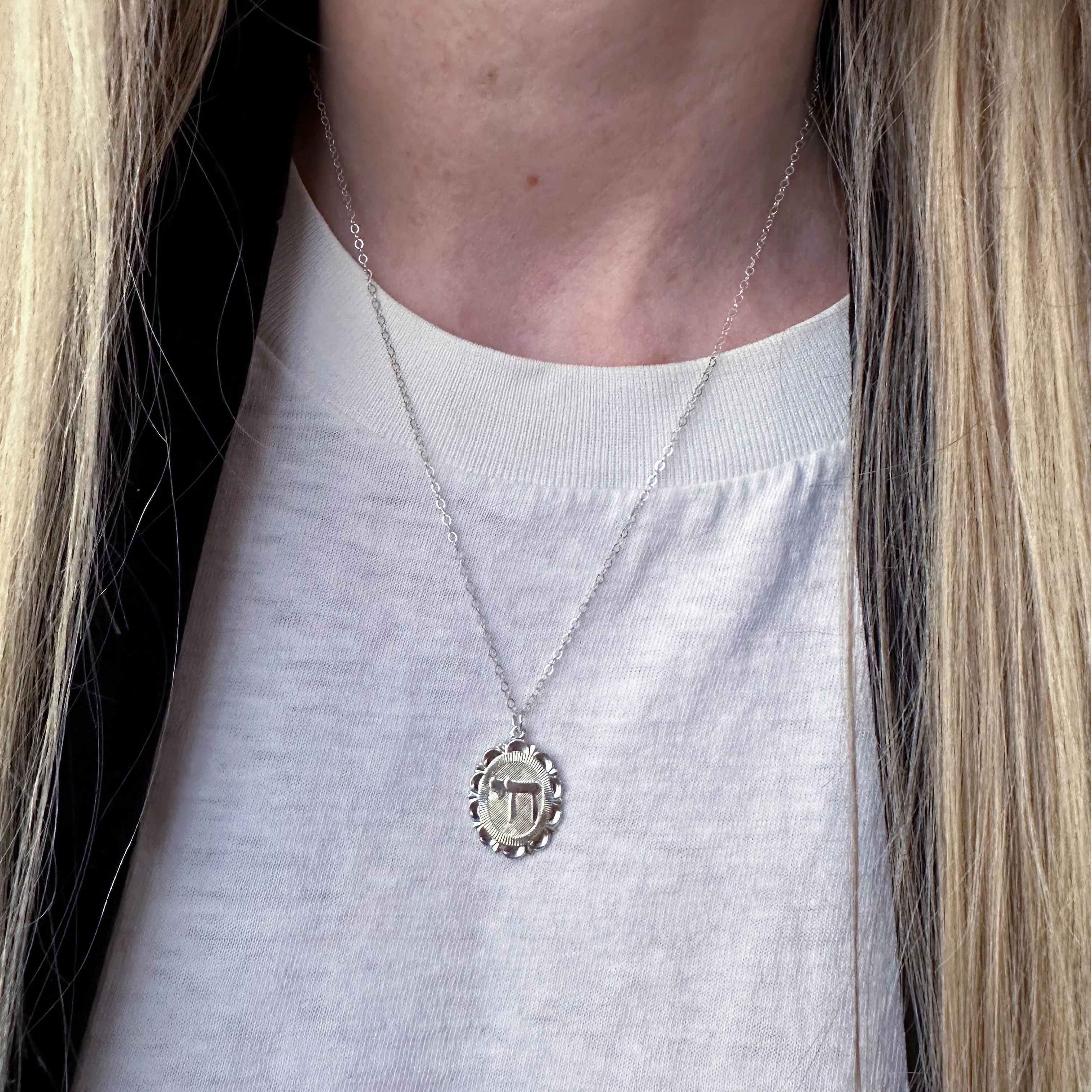 Chai Charm Necklace Sterling Silver Flower Frame sold by Folklore Shop