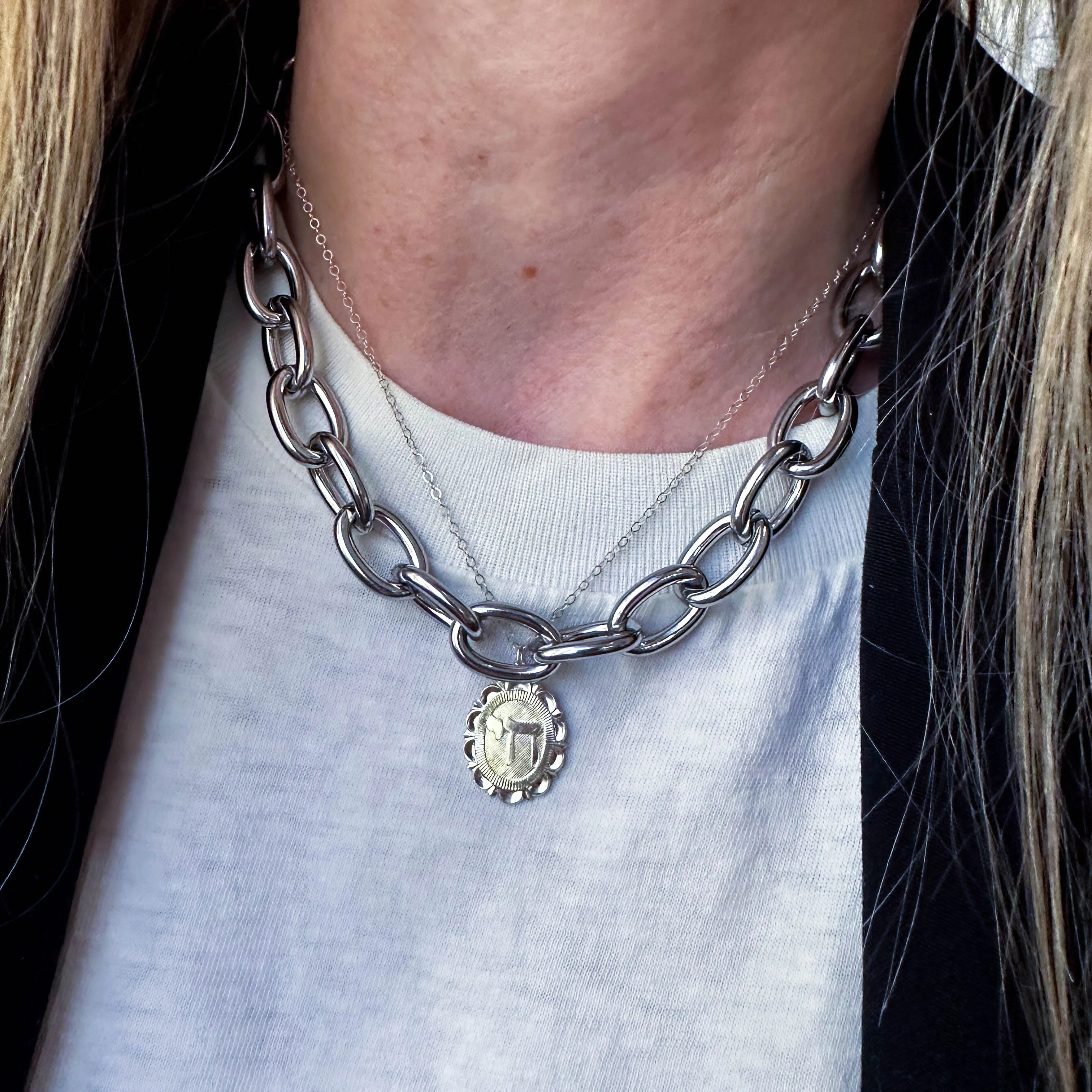 Chai Charm Necklace Sterling Silver Flower Frame sold by Folklore Shop product image thumbnail 2