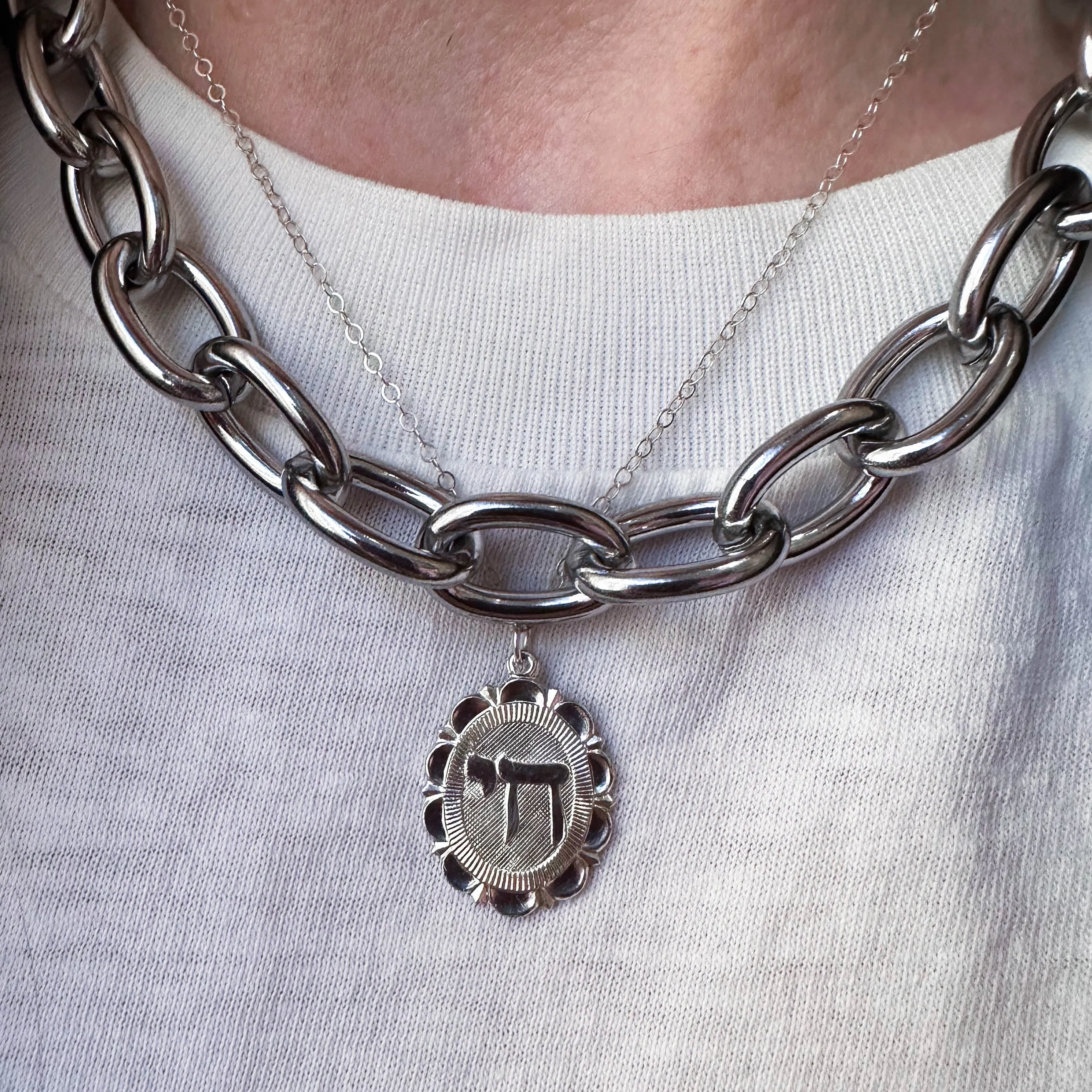 Chai Charm Necklace Sterling Silver Flower Frame sold by Folklore Shop product image thumbnail 3