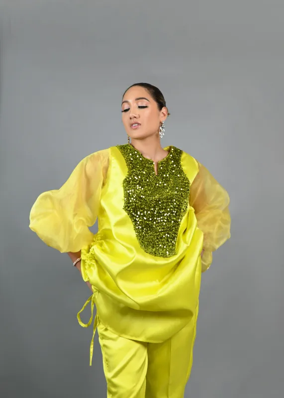 Boss Tunic Top and Pant set with sequin and bubble sleeves (Neon) sold by Folklore Shop