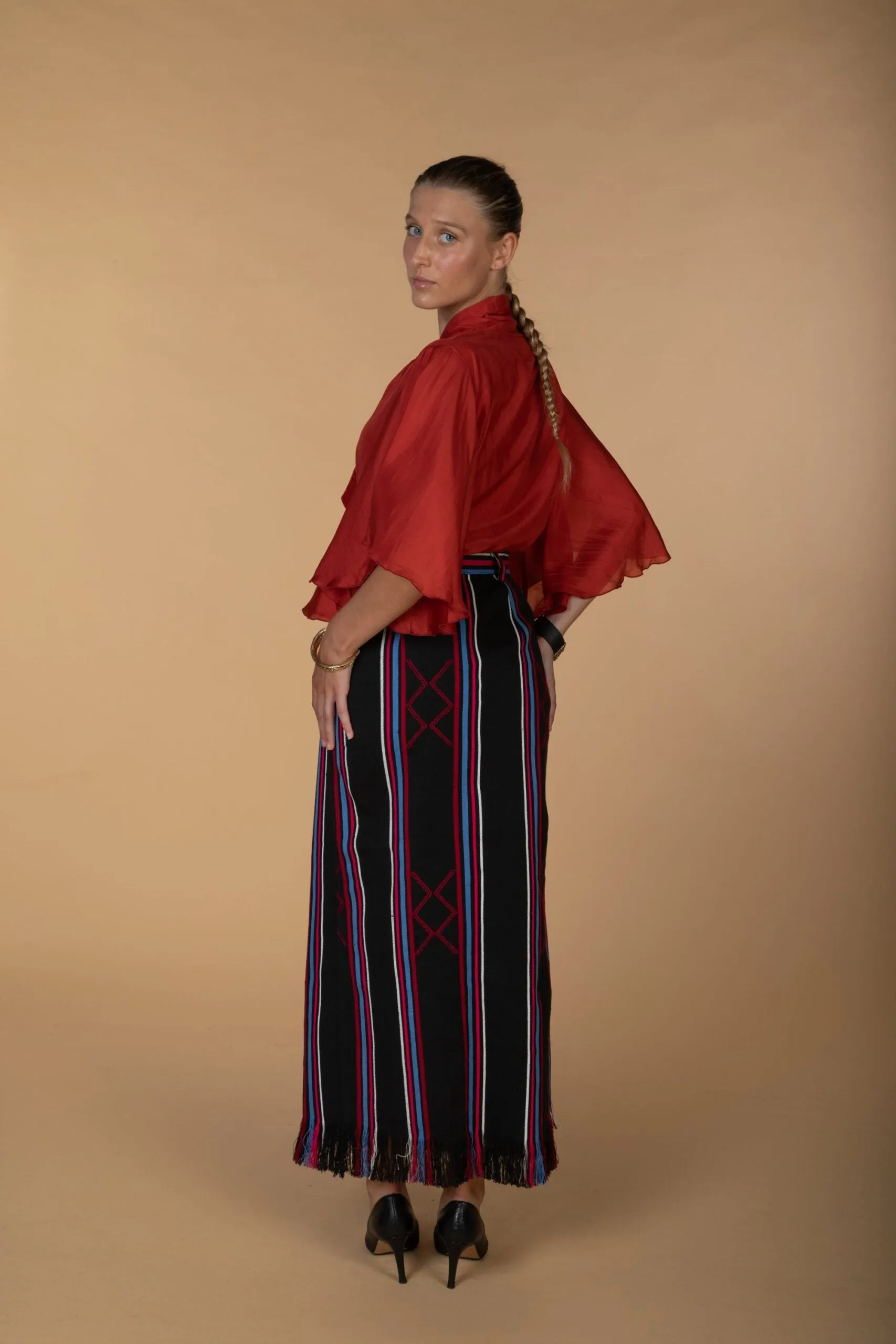 AMINA, Black Kente pencil skirt with front slit sold by Folklore Shop product image thumbnail 4