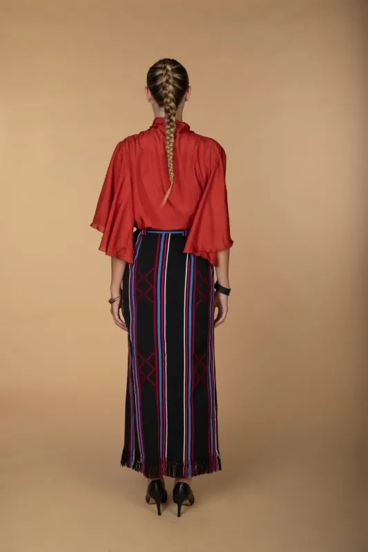 AMINA, Black Kente pencil skirt with front slit sold by Folklore Shop