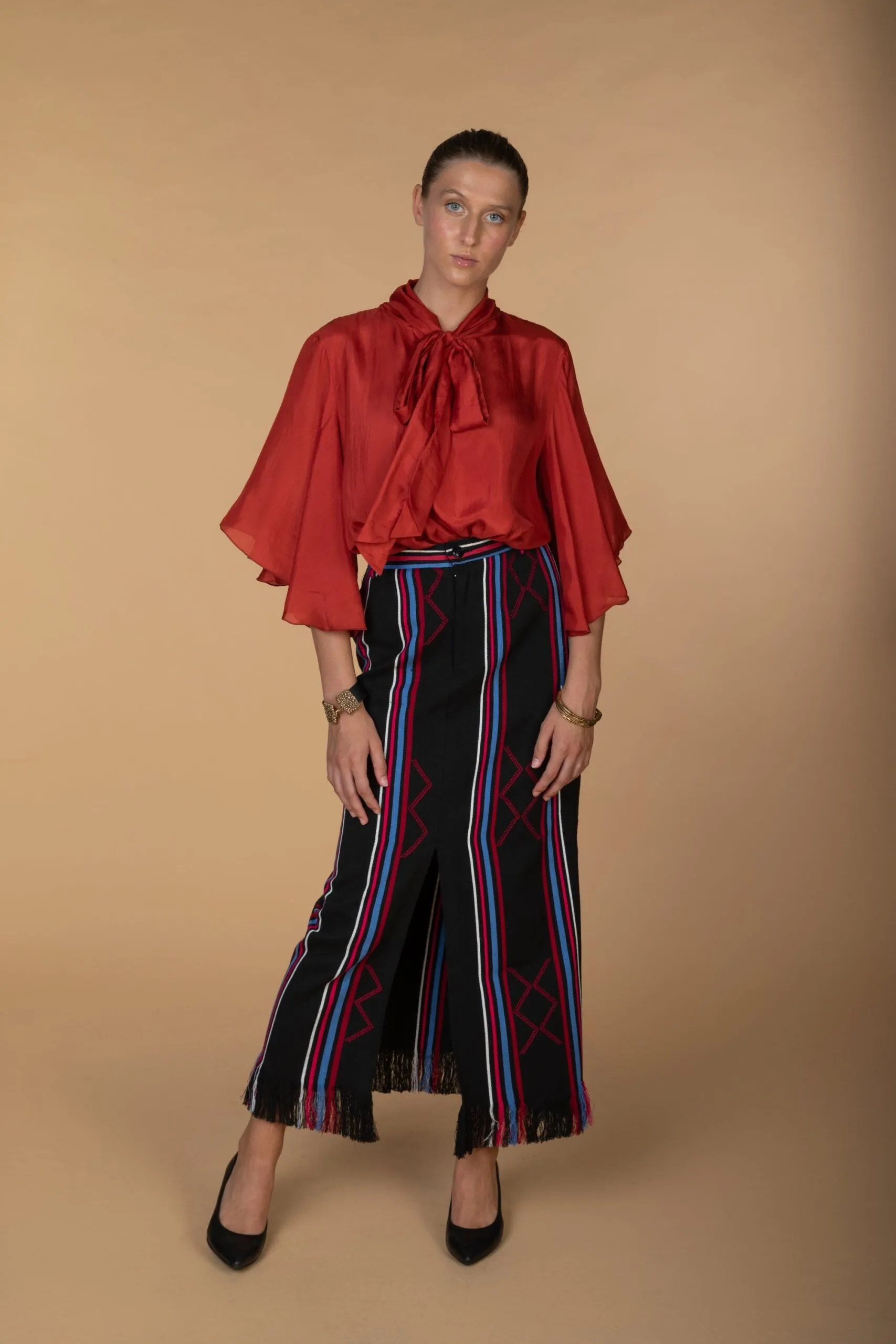 AMINA, Black Kente pencil skirt with front slit sold by Folklore Shop product image thumbnail 2