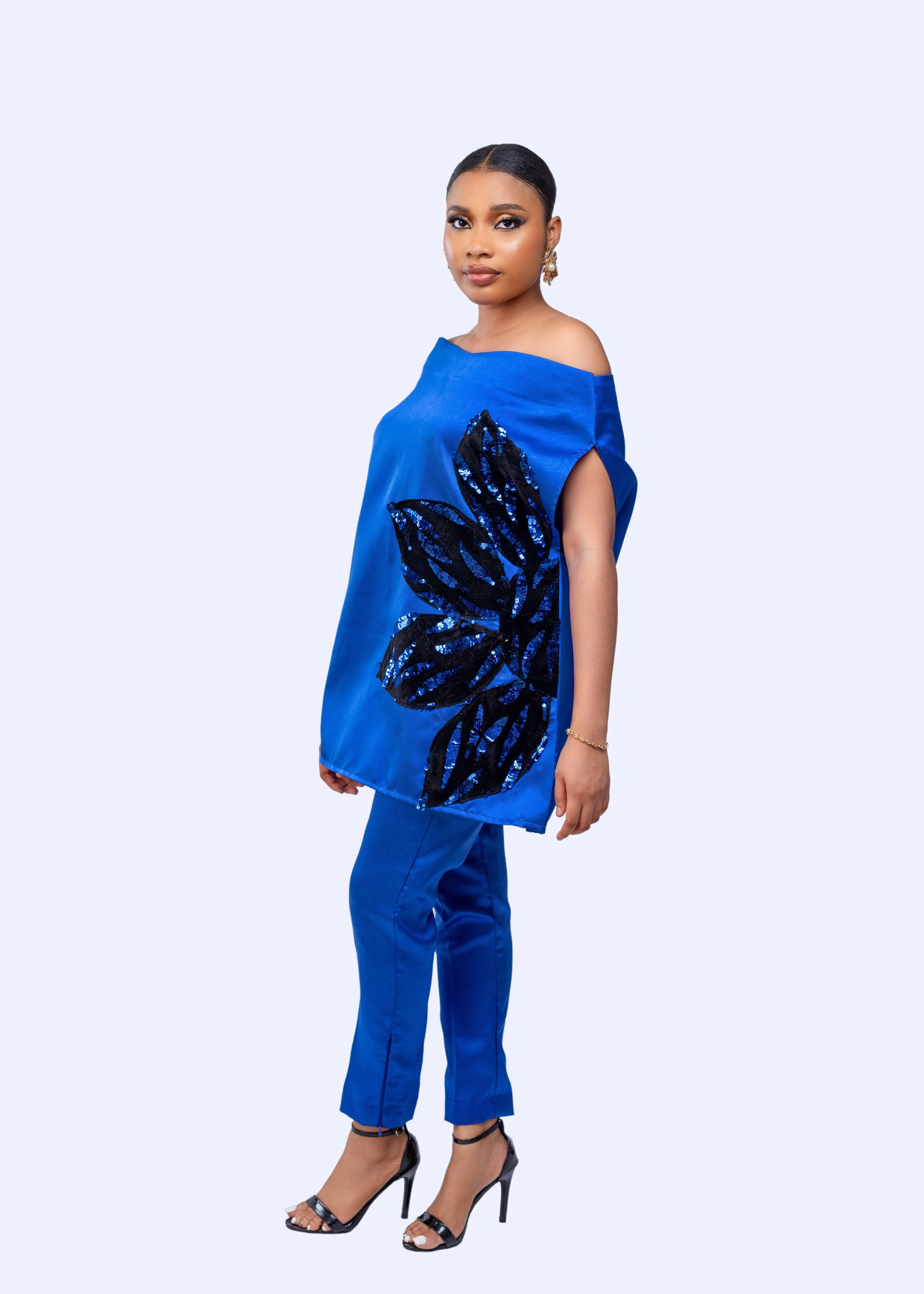 Goddess Pant set (Blue) - Mikado silk with multicolor sequin sold by Folklore Shop