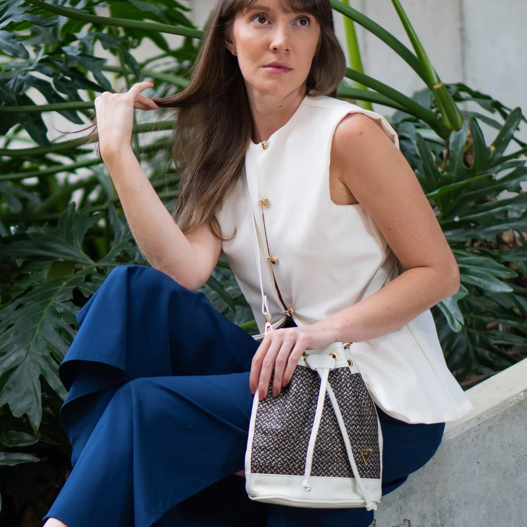 Beige Leather Bucket Terra Bag – Handmade Crossbody & Handbag, Ethical Palm Weave Bucket bag for Women sold by Folklore Shop product image thumbnail 2