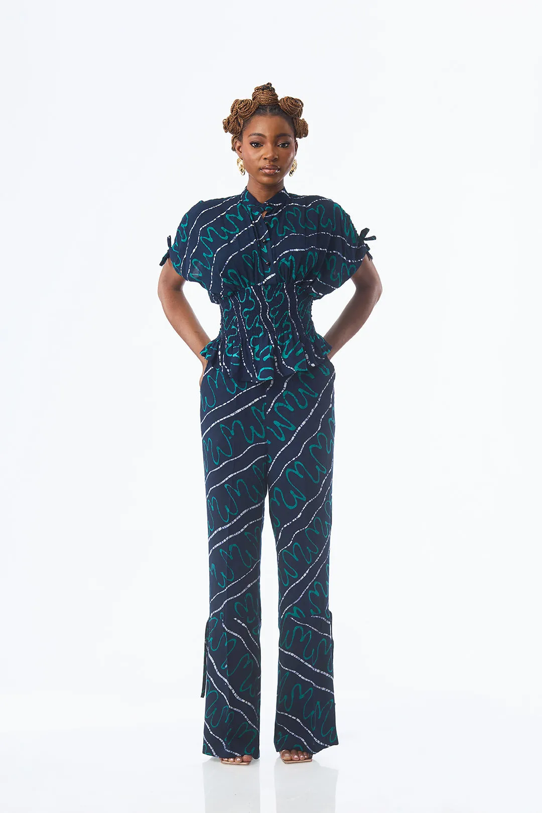 TEAL ABSTRACT WAVE DRAWSTRING PANTS sold by Folklore Shop