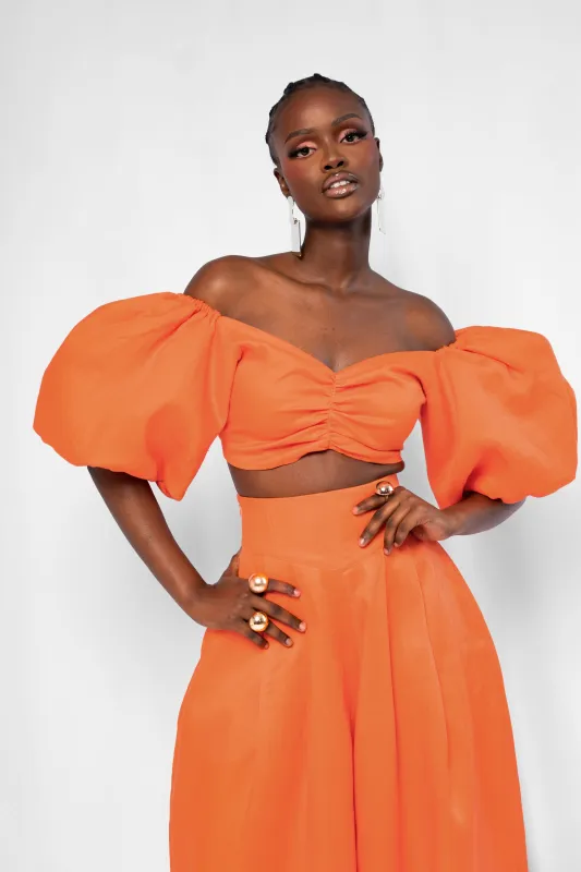 Linen SKYE Puffy Sleeve Crop Top in Orange sold by Folklore Shop