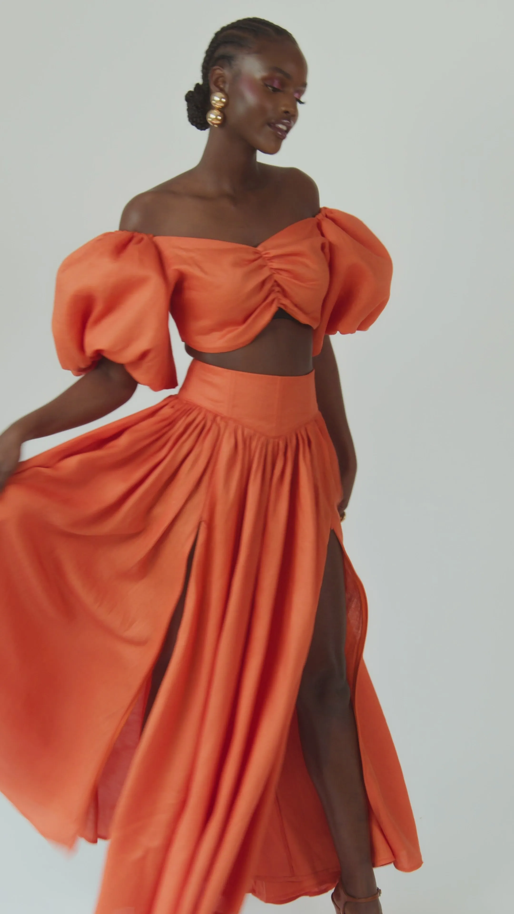 Linen SKYE Puffy Sleeve Crop Top in Orange sold by Folklore Shop product image thumbnail 3