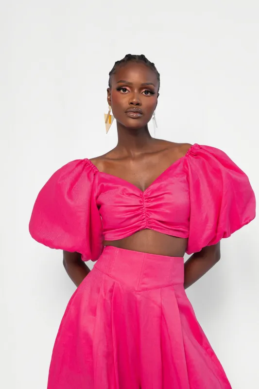 Linen SKYE Puffy Sleeve Crop Top in Pink sold by Folklore Shop