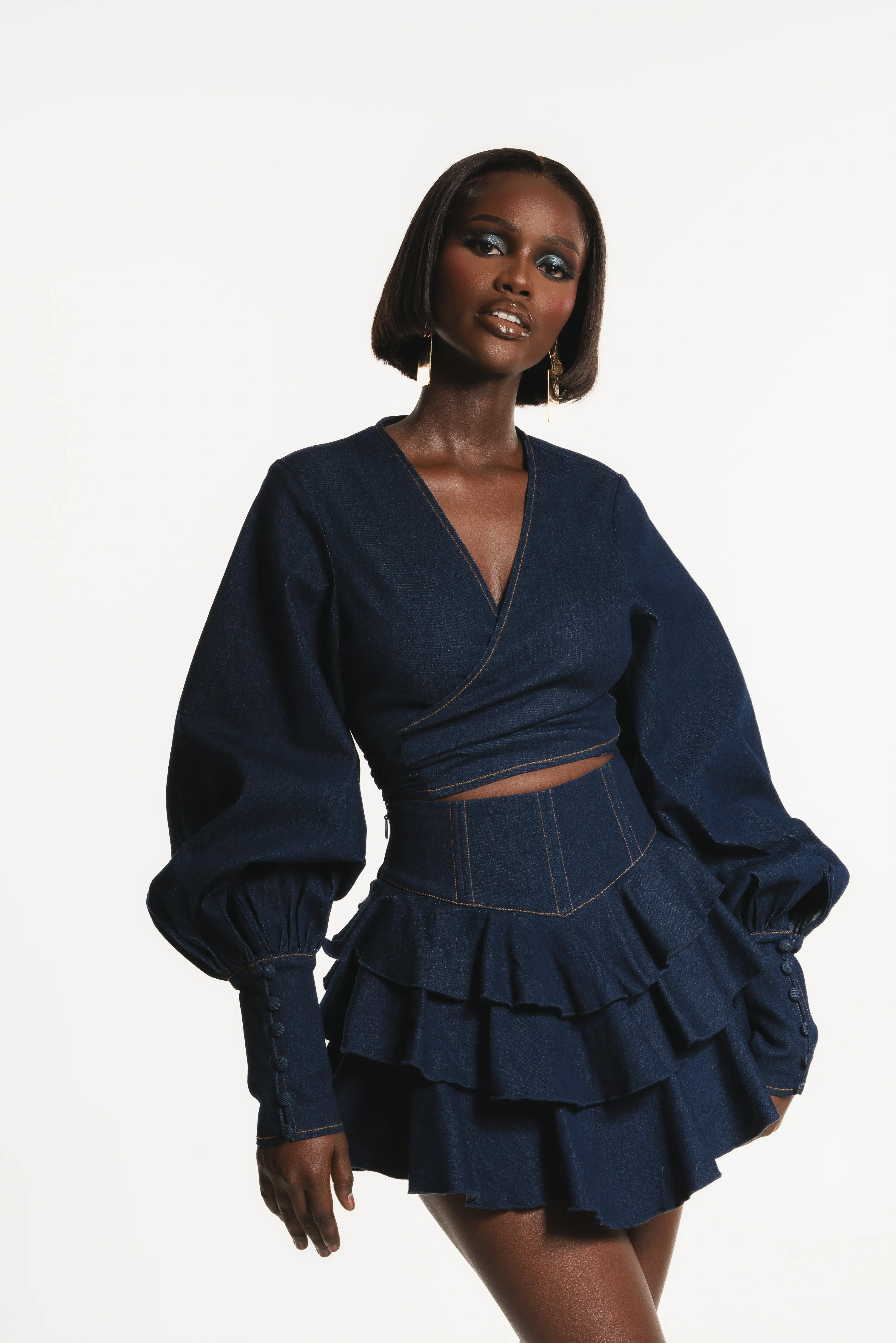 Denim DANA Wrap top sold by Folklore Shop