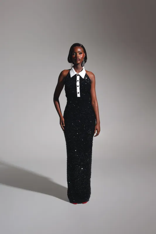 RIA Halter Sequin Maxi Dress in ONYX sold by Folklore Shop