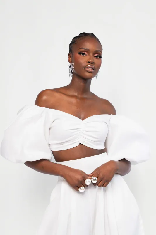 Linen SKYE Puffy Sleeve Crop Top in White sold by Folklore Shop