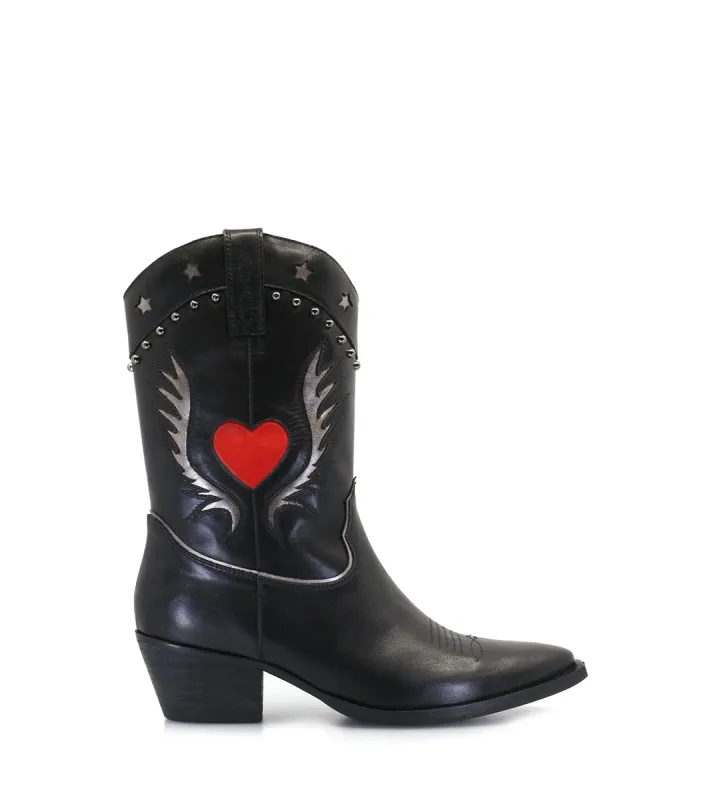 Texas Heart & Star Leather Black Boots Shirp sold by Folklore Shop