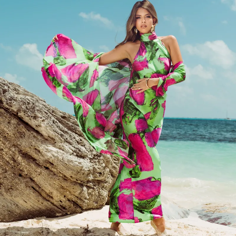 Green Magenta Blocks High Neck Bias Cut Dress sold by Folklore Shop