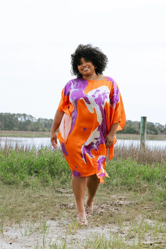 Orange Purple Marble Dolman Sleeve Dress sold by Folklore Shop