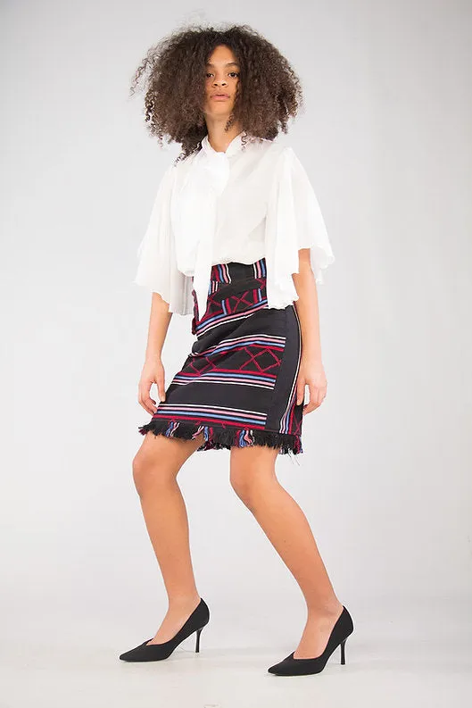 SENTIMENTO, Black High waist pencil skirt with fringes sold by Folklore Shop