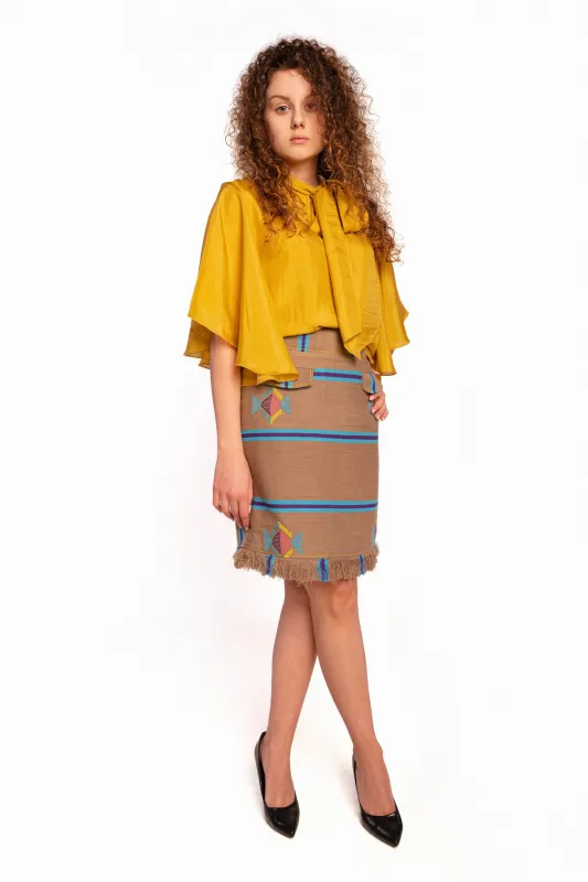 SENTIMENTO, Sand High waist pencil skirt with fringes sold by Folklore Shop