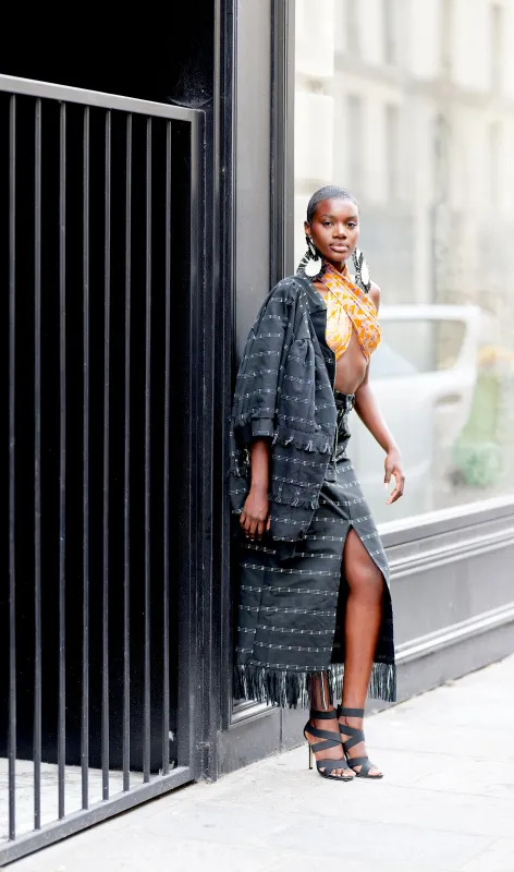 AMINA, BW Kente pencil skirt with front slit sold by Folklore Shop