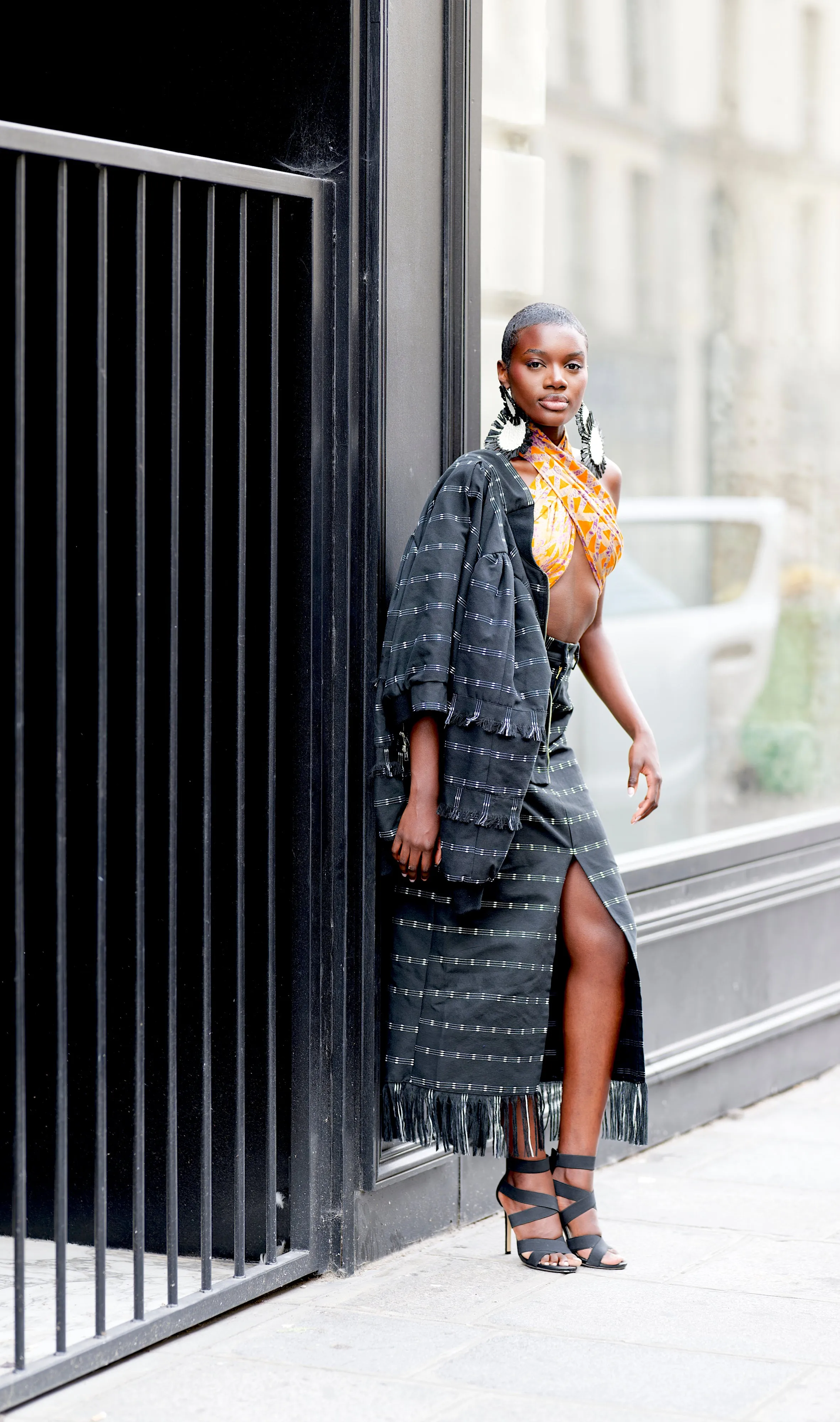 AMINA, BW Kente pencil skirt with front slit sold by Folklore Shop