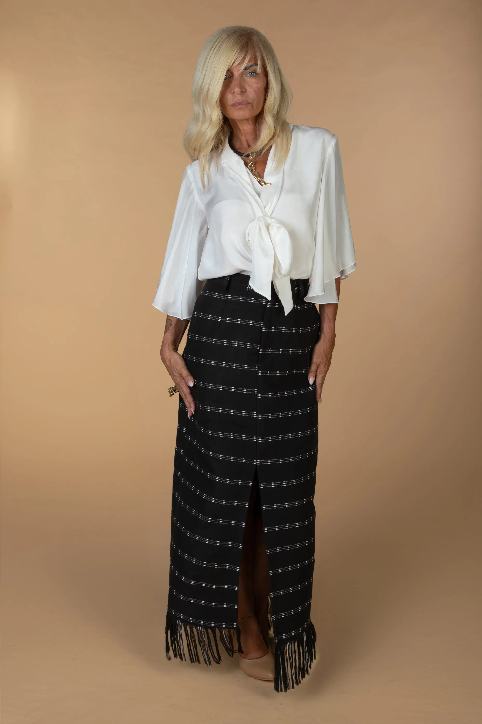 AMINA, BW Kente pencil skirt with front slit sold by Folklore Shop product image thumbnail 4