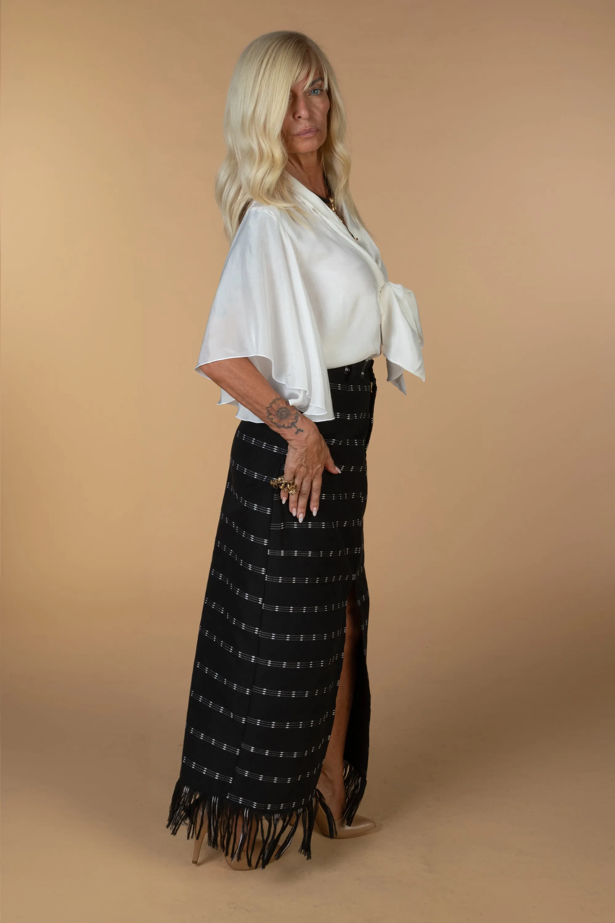 AMINA, BW Kente pencil skirt with front slit sold by Folklore Shop product image thumbnail 5