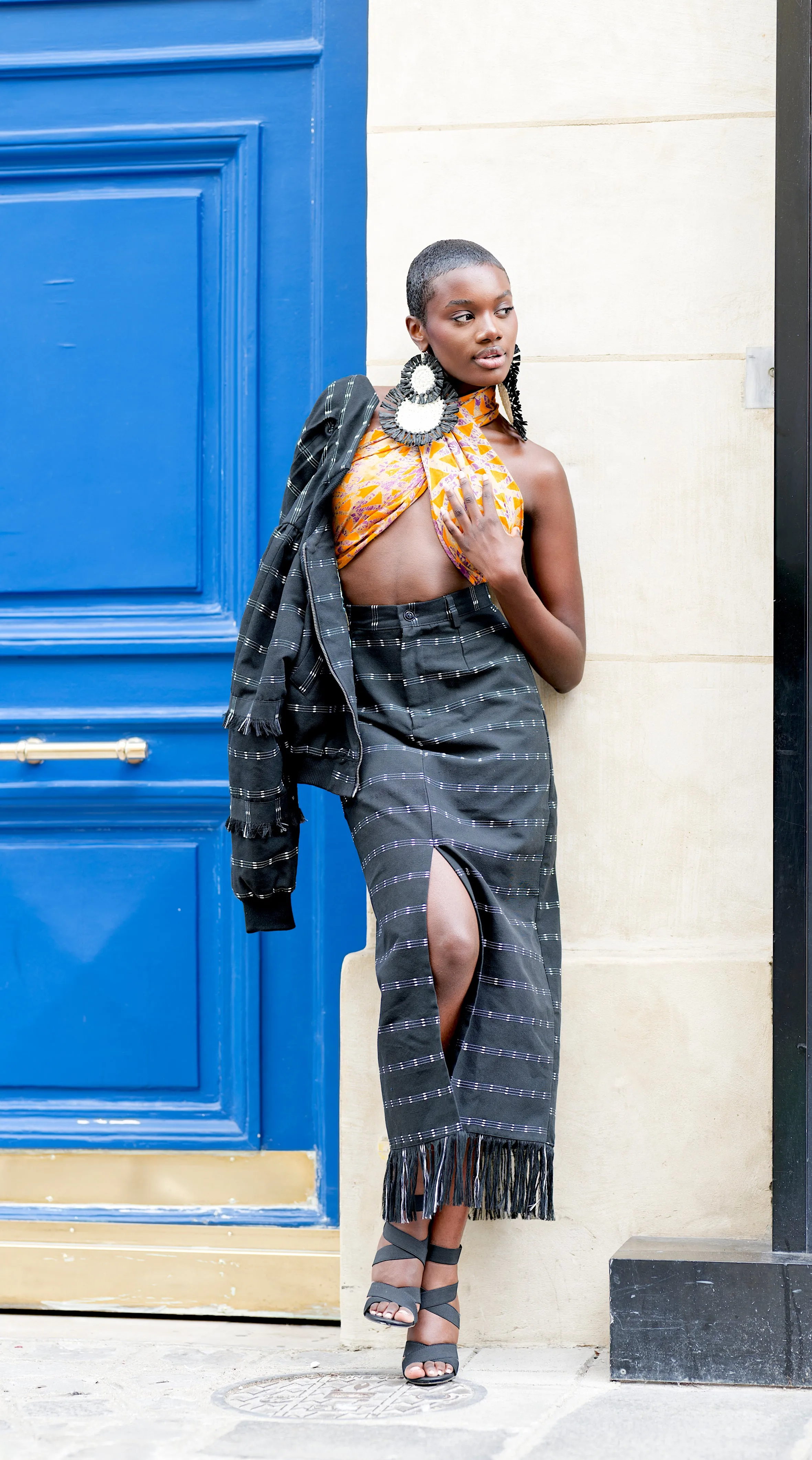 AMINA, BW Kente pencil skirt with front slit sold by Folklore Shop product image thumbnail 2