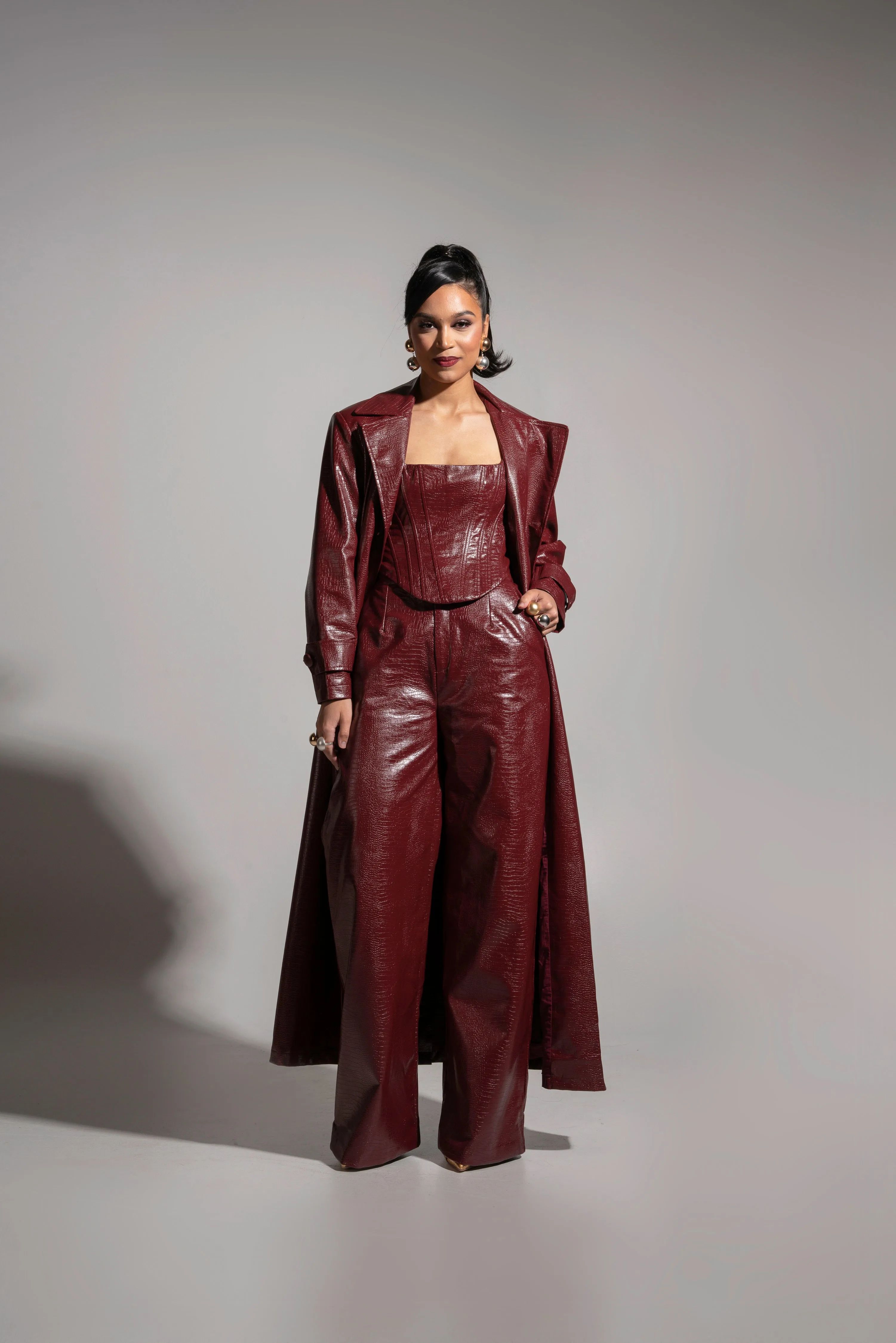 ONO Faux Leather Trench jacket in Burgundy sold by Folklore Shop product image thumbnail 3