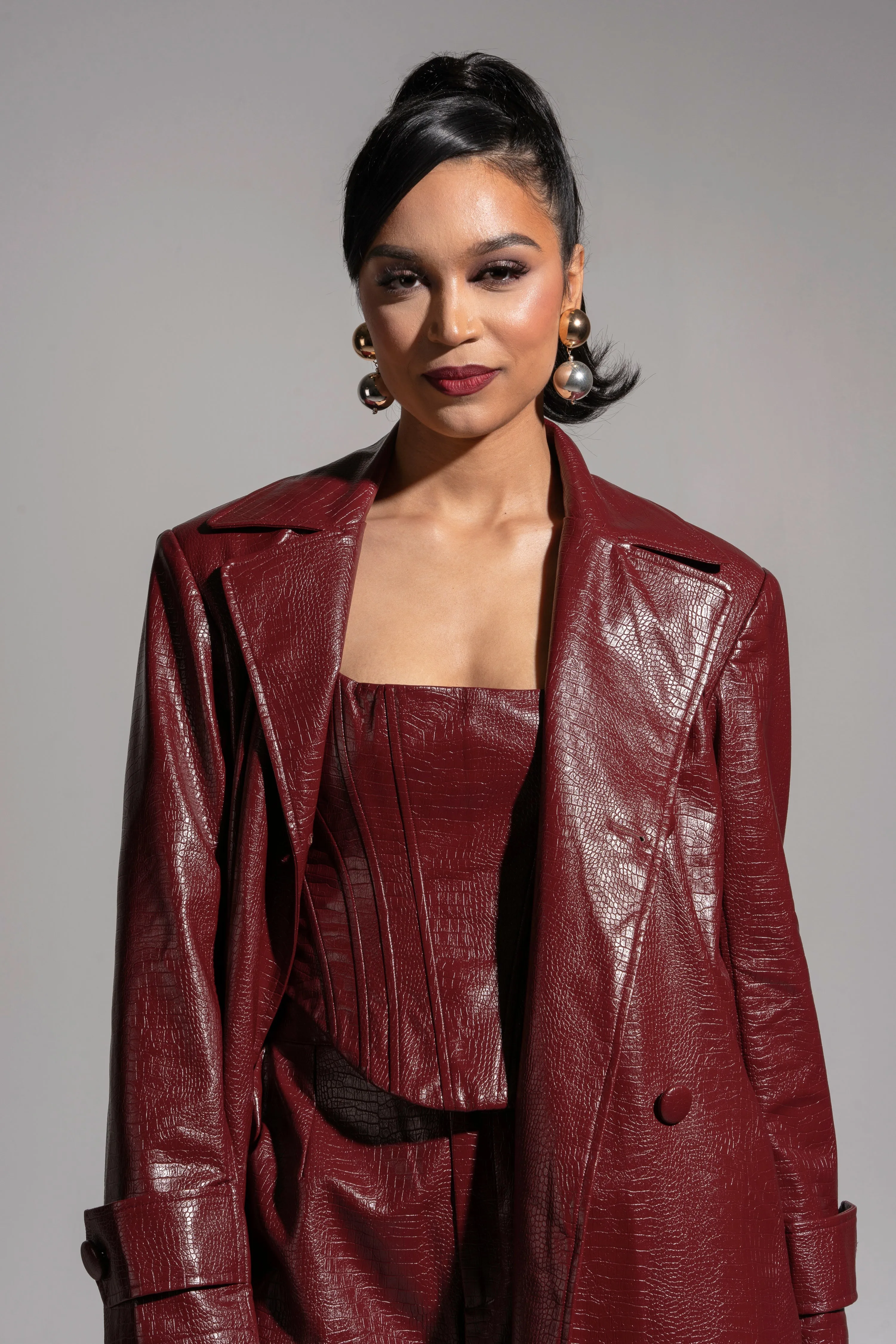 ONO Faux Leather Trench jacket in Burgundy sold by Folklore Shop product image thumbnail 4