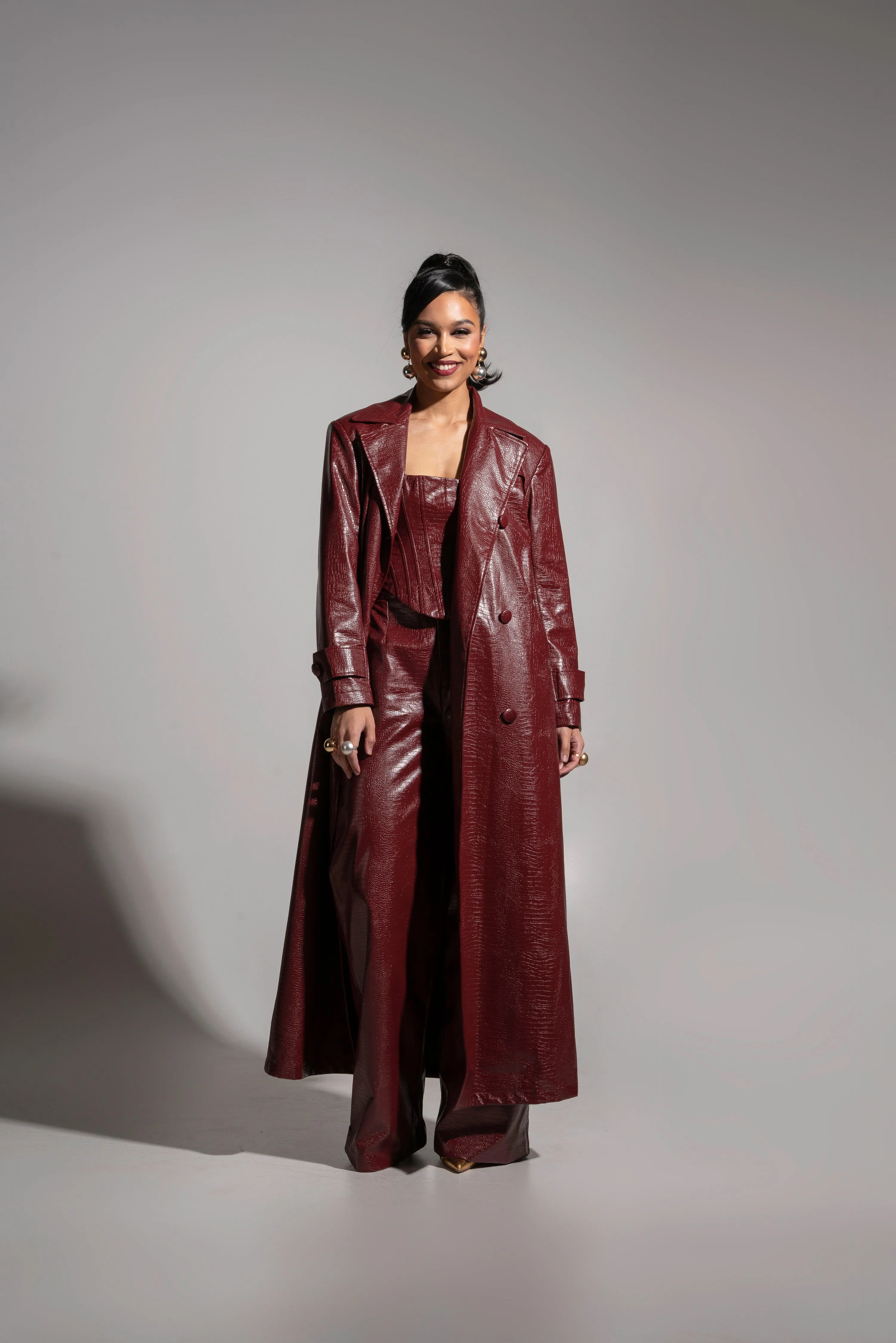 ONO Faux Leather Trench jacket in Burgundy sold by Folklore Shop