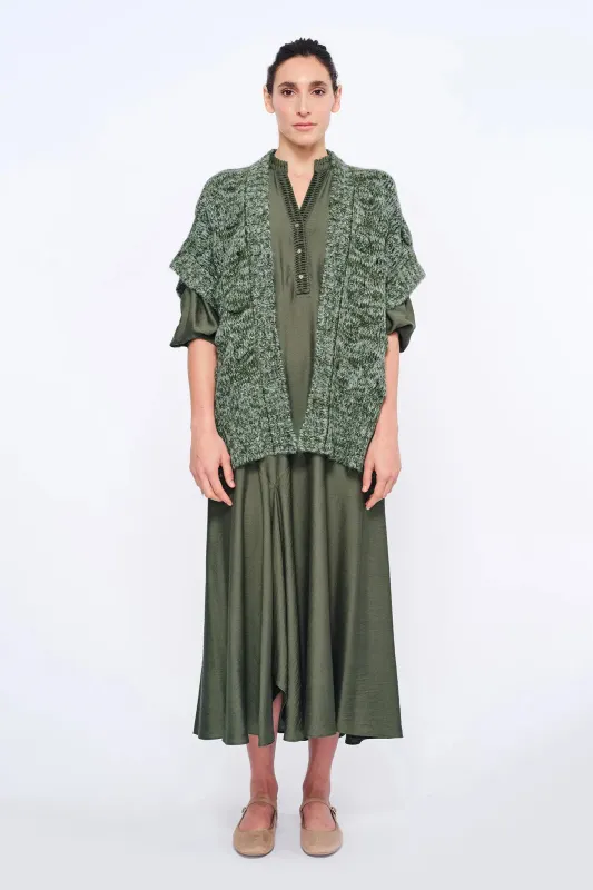 Dayana Alpaca Fringe Poncho | Olive Melange sold by Folklore Shop