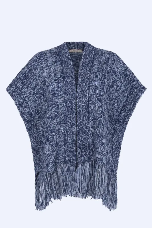 Amaris Alpaca Fringe Poncho | Navy Melange sold by Folklore Shop