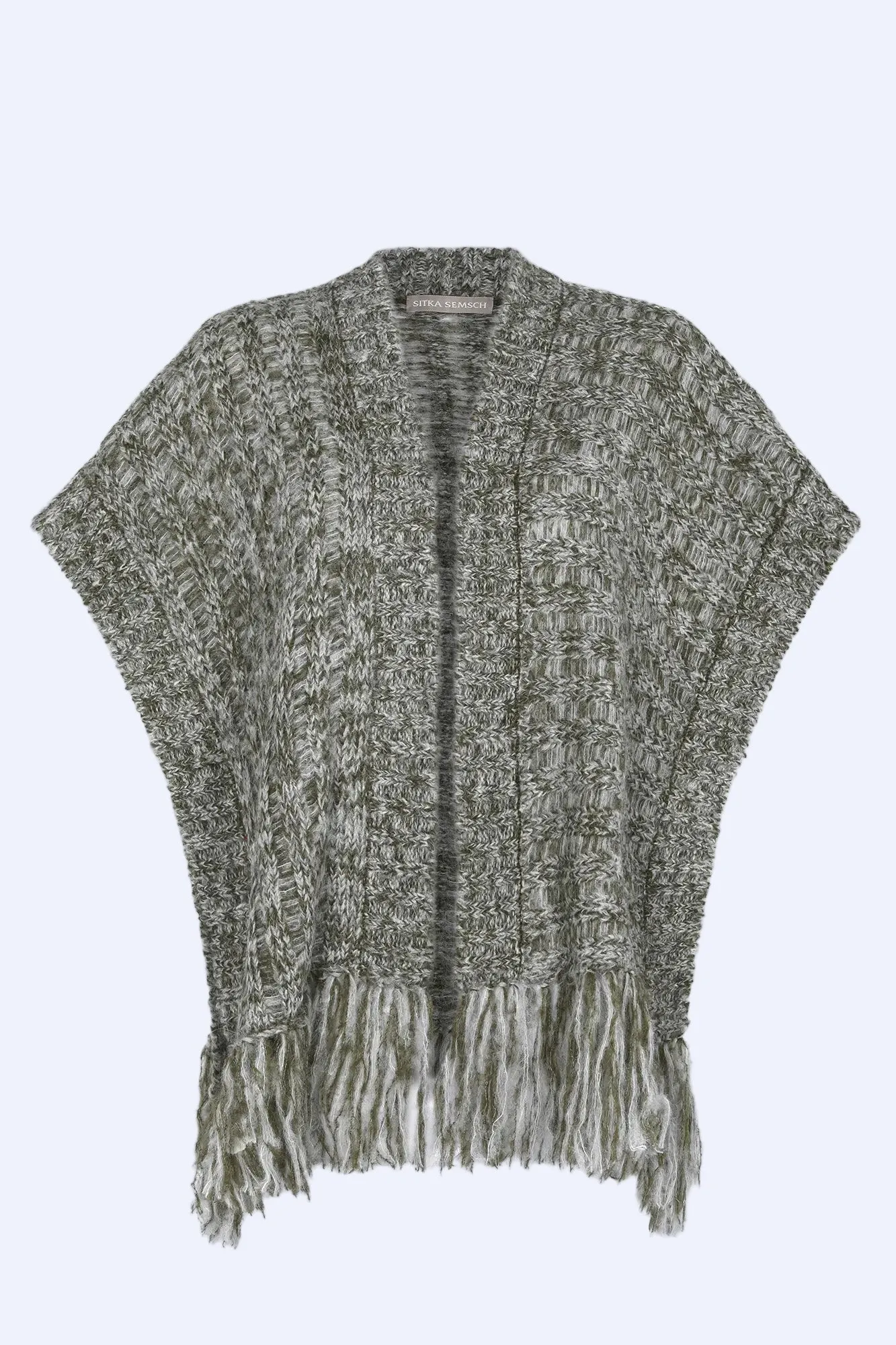 Amaris Alpaca Fringe Poncho | Olive Melange sold by Folklore Shop