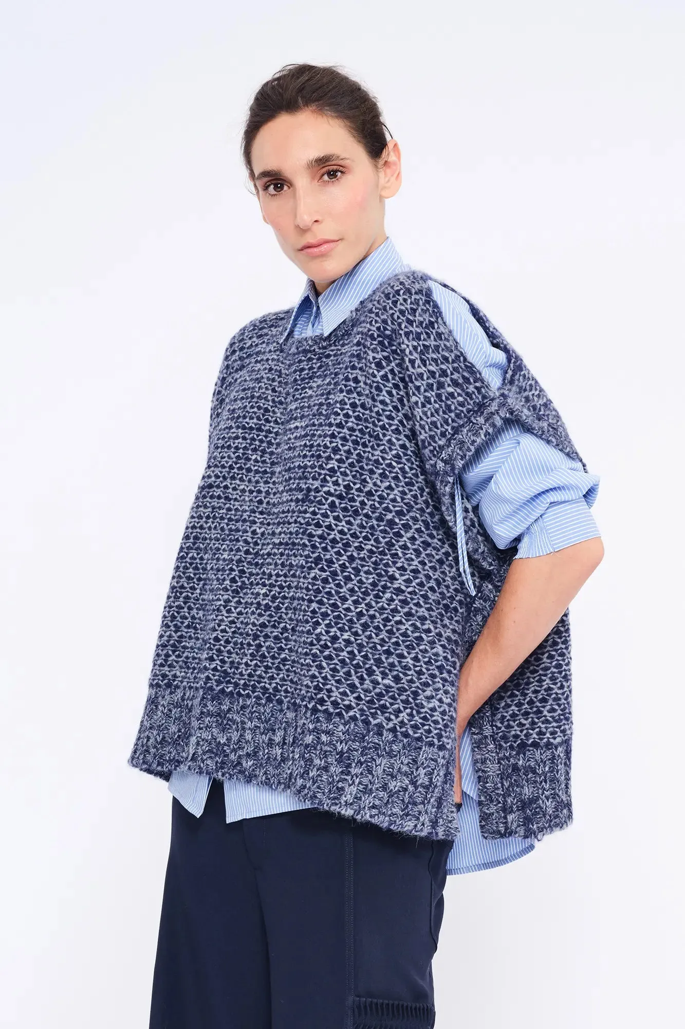 Chelsea Openwork Alpaca Poncho | Navy Melange sold by Folklore Shop product image thumbnail 3