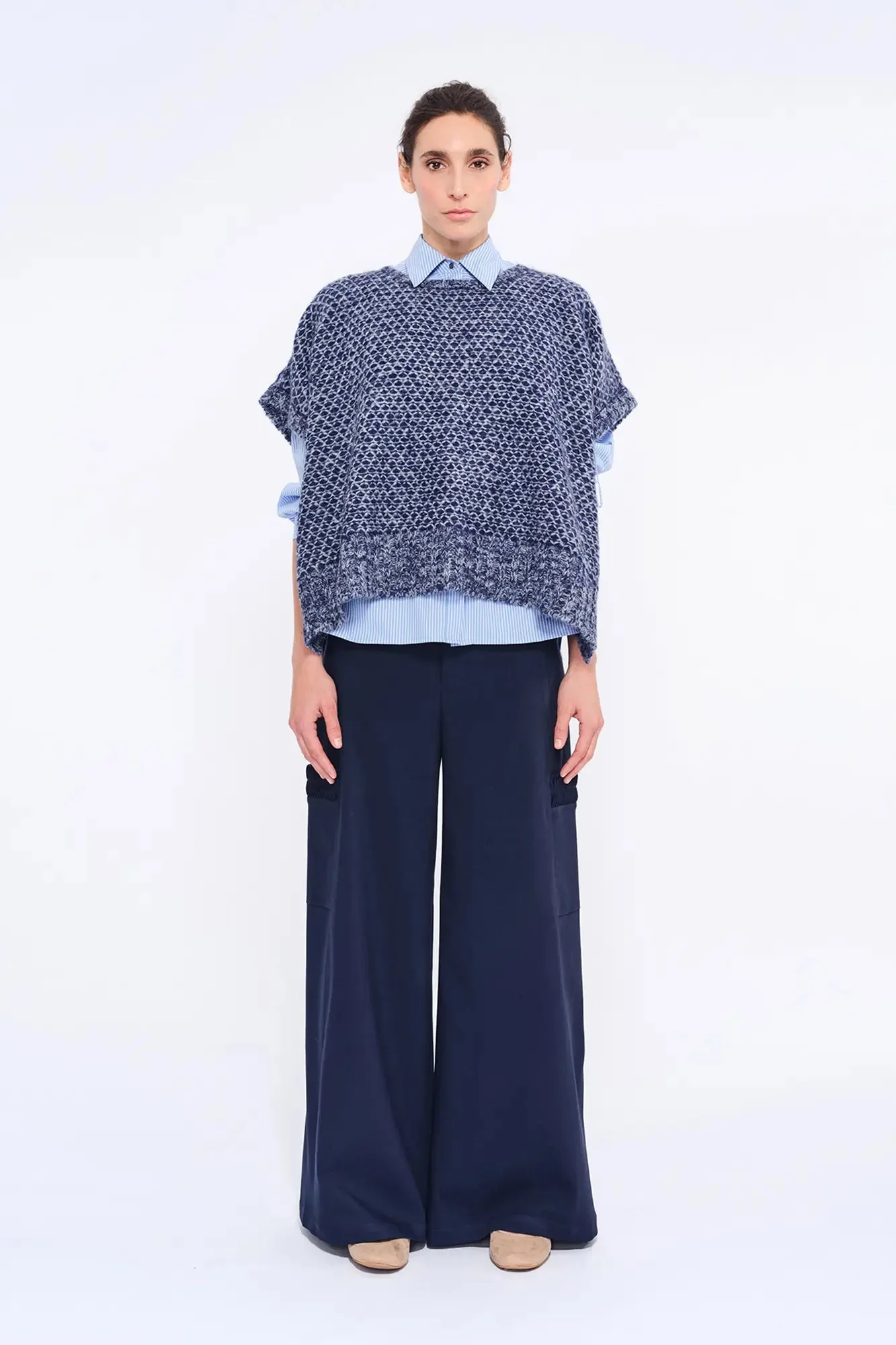 Chelsea Openwork Alpaca Poncho | Navy Melange sold by Folklore Shop