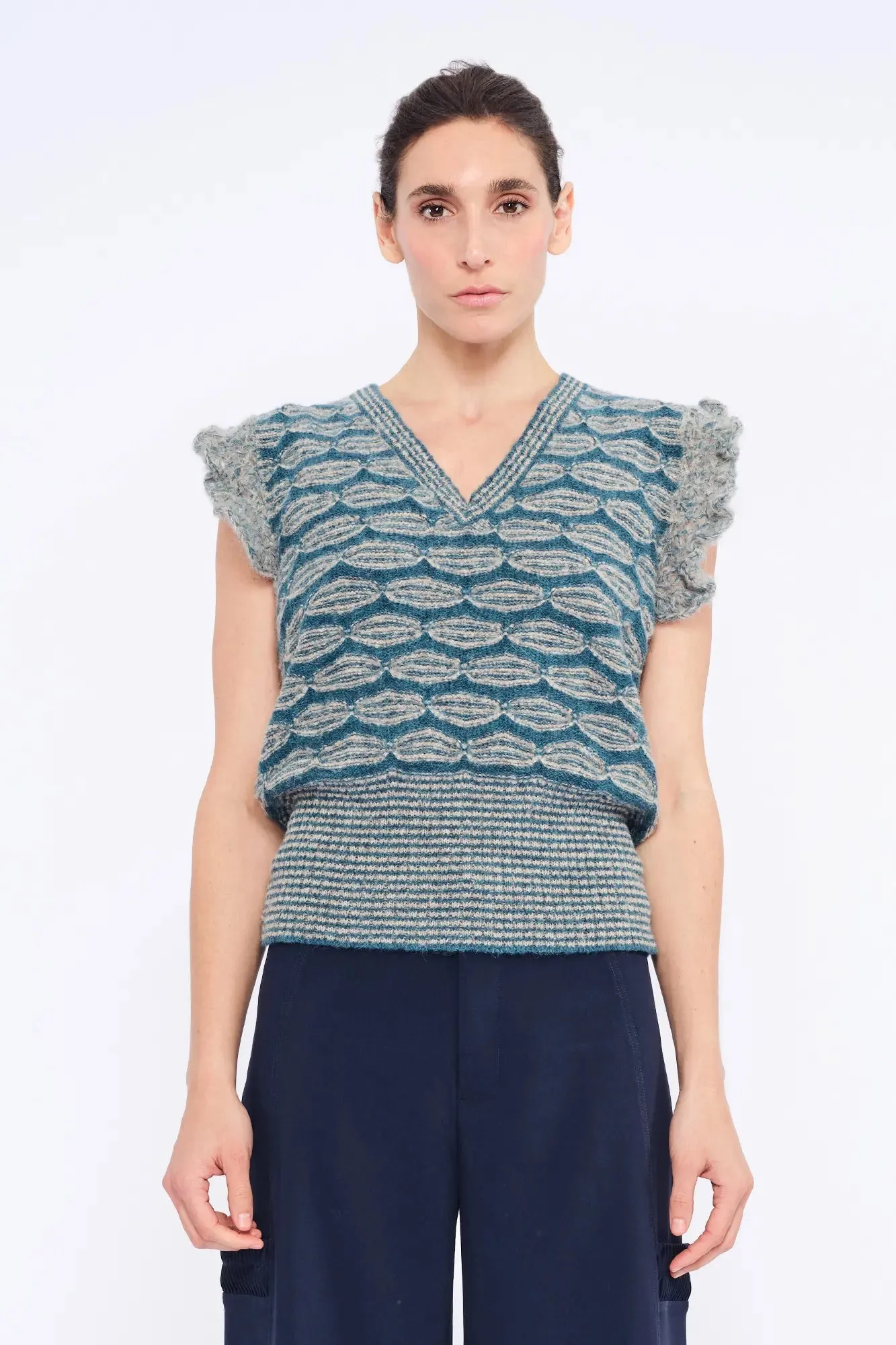 Beca Crochet Sleeve Alpaca Vest | Dark Green Melange sold by Folklore Shop product image thumbnail 4