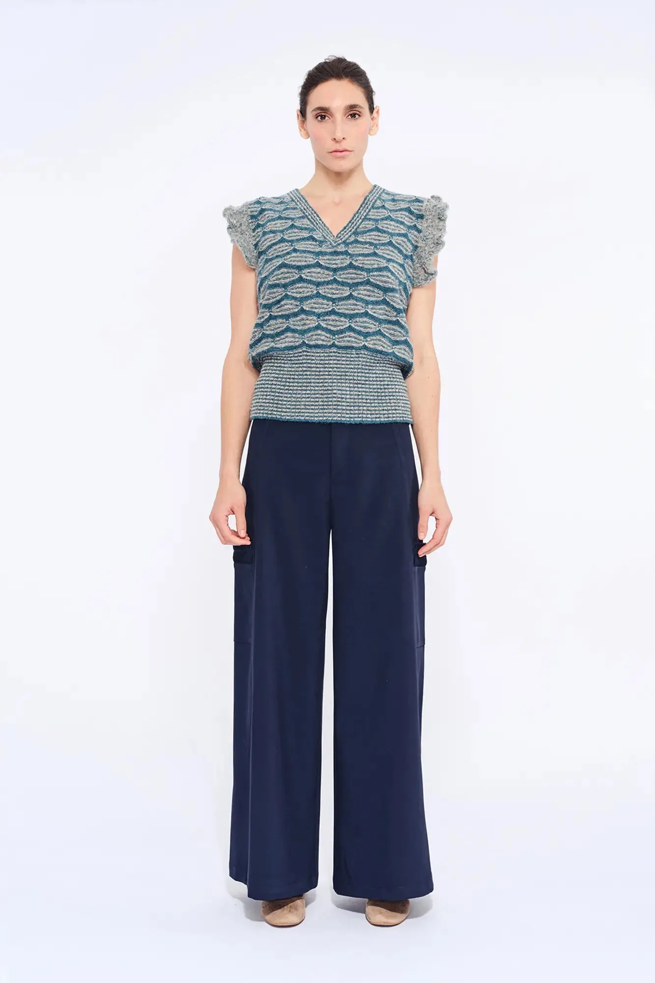 Beca Crochet Sleeve Alpaca Vest | Dark Green Melange sold by Folklore Shop