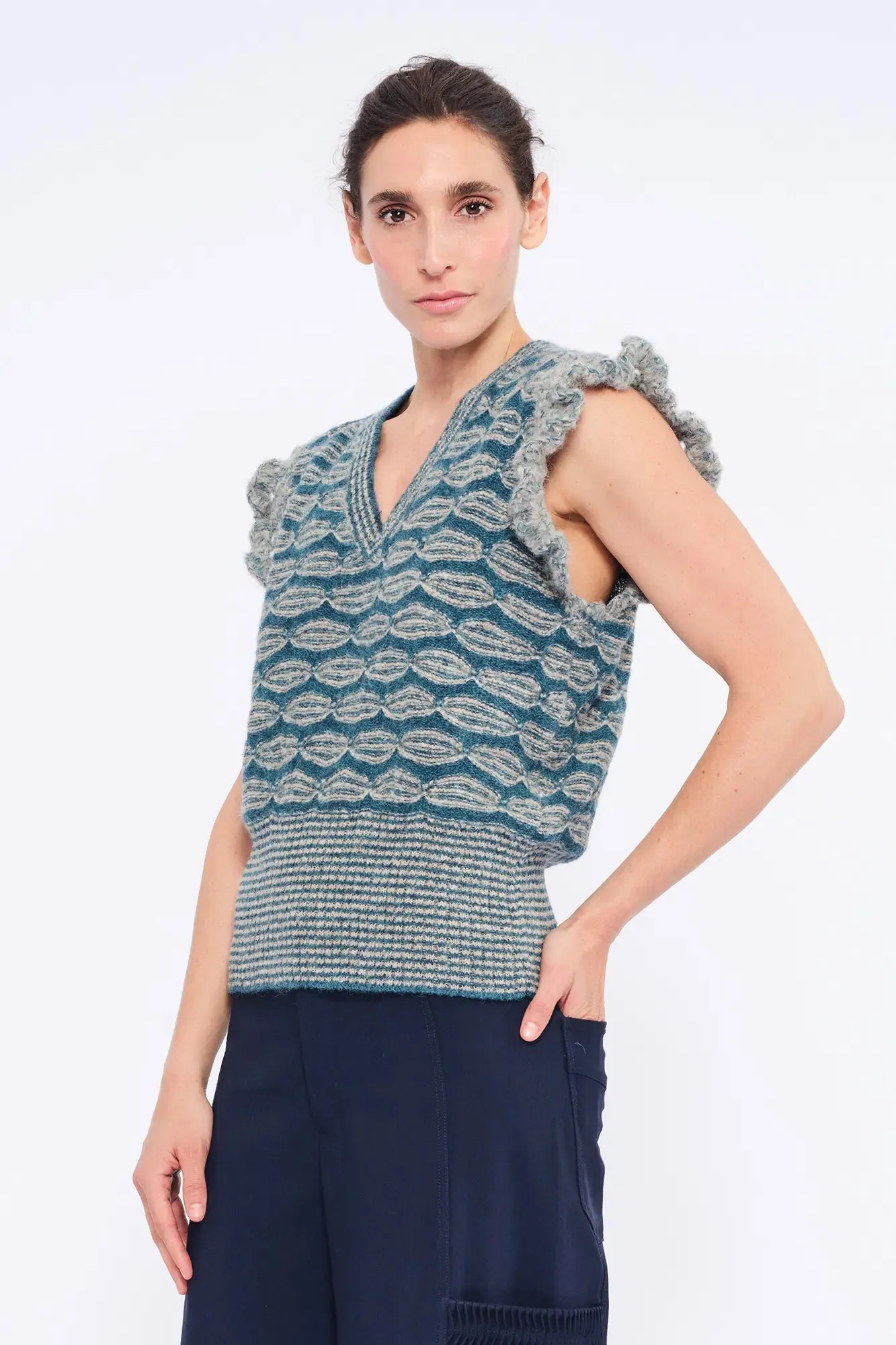 Beca Crochet Sleeve Alpaca Vest | Dark Green Melange sold by Folklore Shop product image thumbnail 2