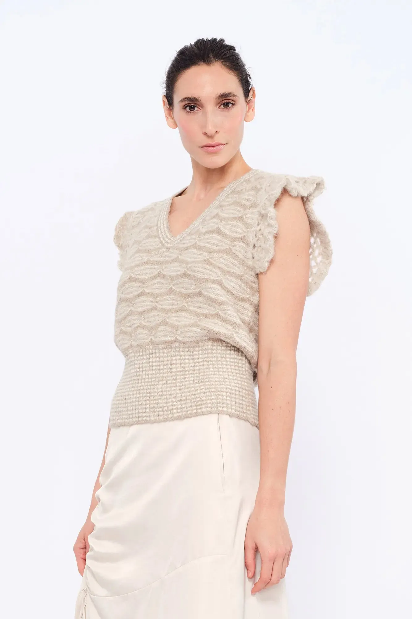 Beca Crochet Sleeve Alpaca Vest | Beige Melange sold by Folklore Shop product image thumbnail 2