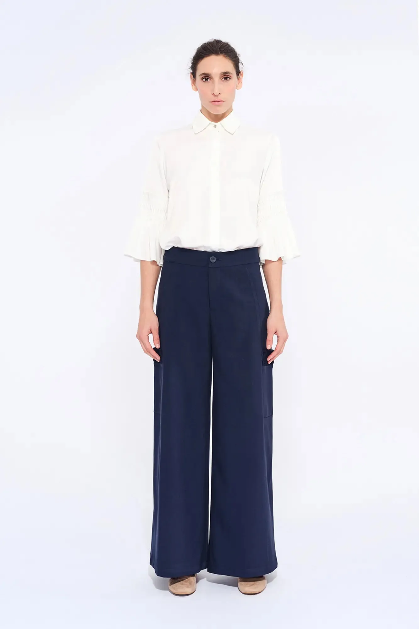 Daysi Ruched Detail Trouser | Navy sold by Folklore Shop