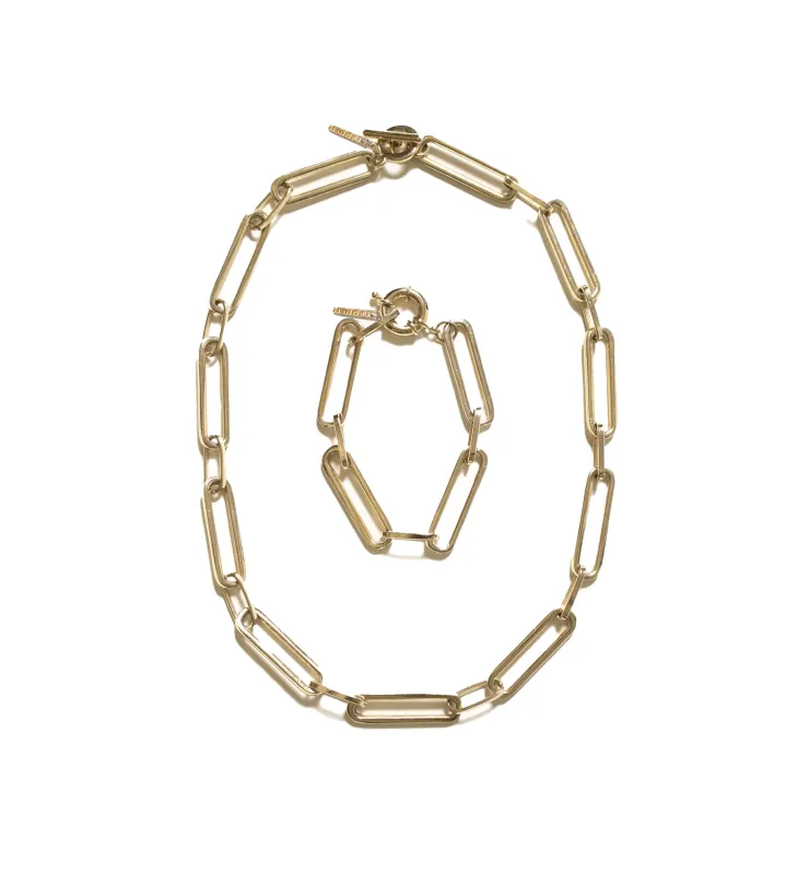 Paperclip Gold Chain Necklace Bracelet Set sold by Folklore Shop