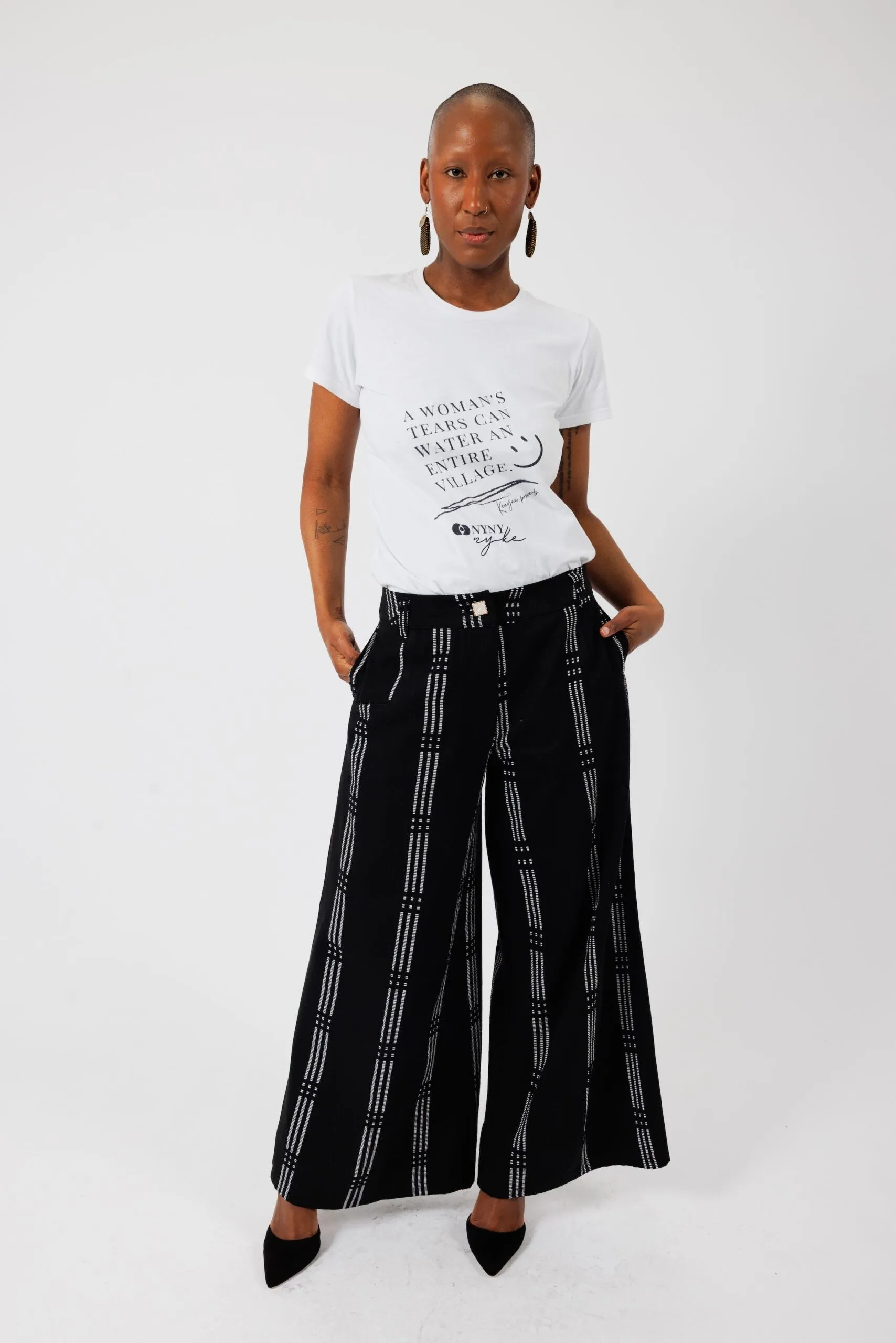 KEYS, Black Denim-Style Wide-Leg Trousers sold by Folklore Shop