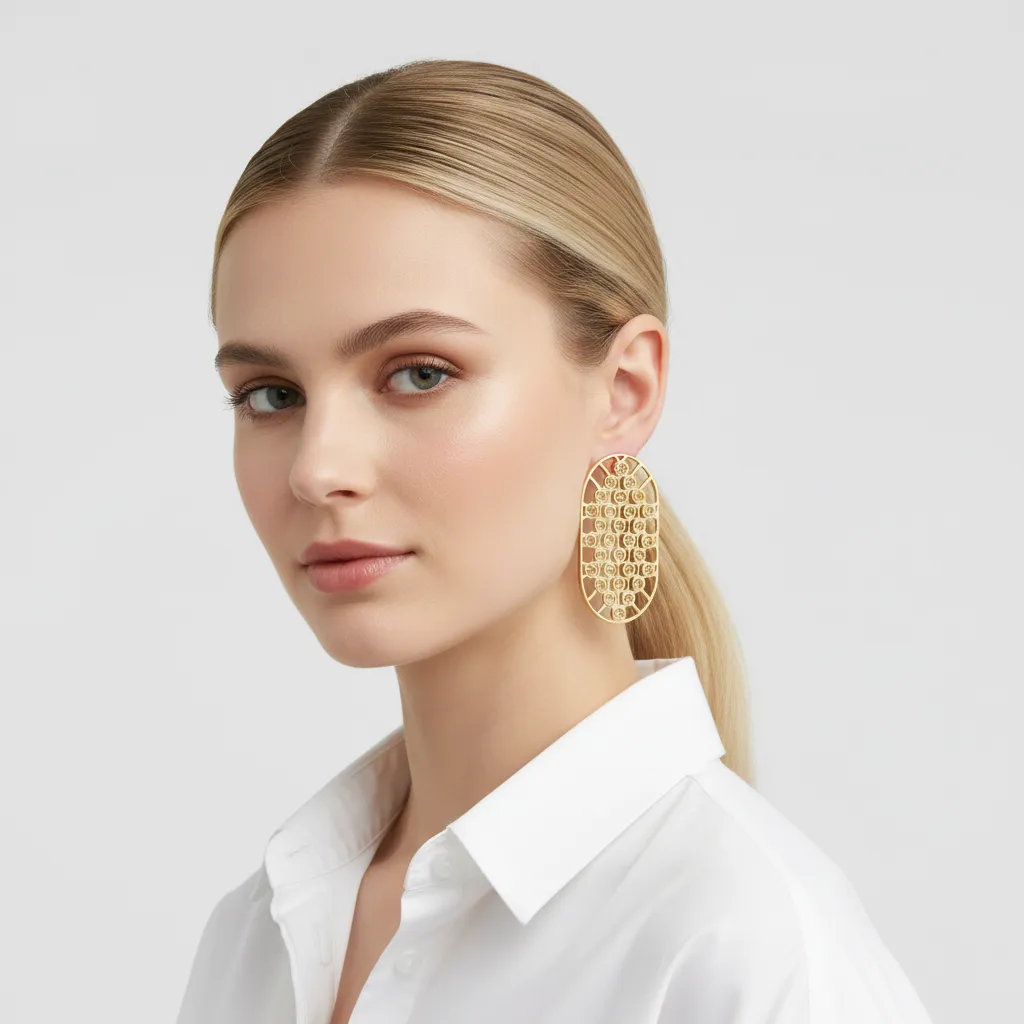 Net Gold Statement Earrings sold by Folklore Shop product image thumbnail 3
