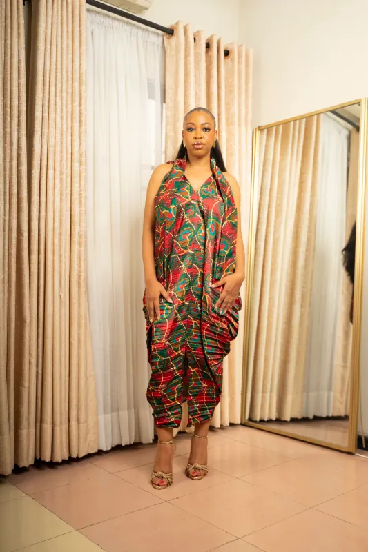 Red Kintsugi Print Pleated Dress sold by Folklore Shop