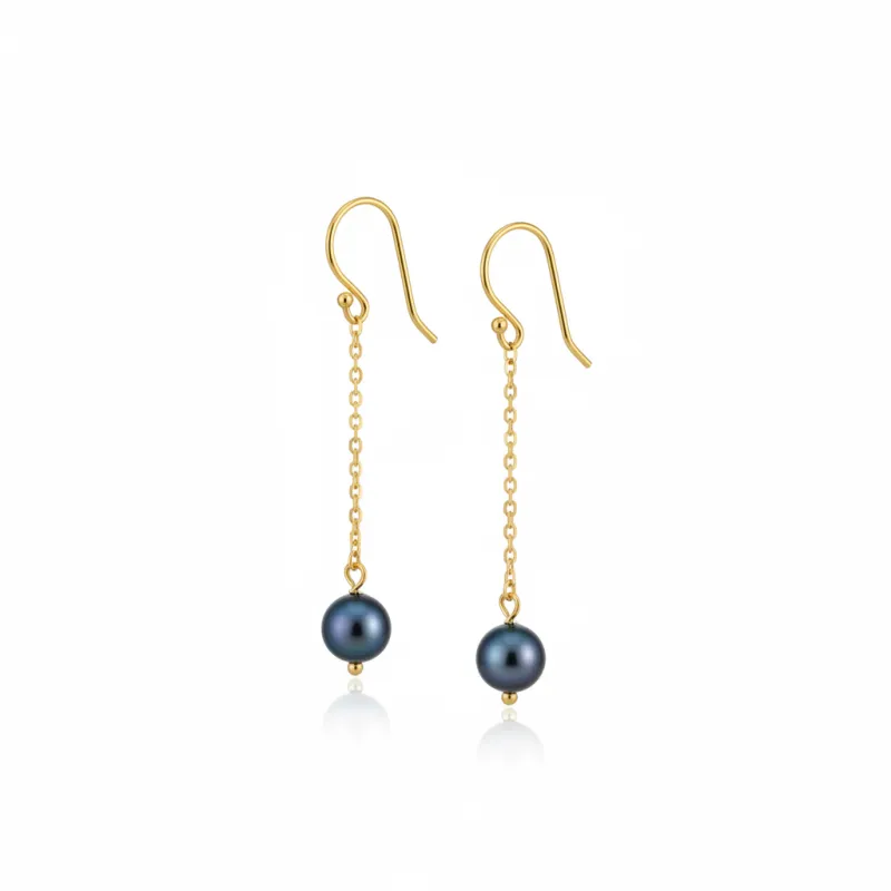 Gold Drop Chain Black Pearl Earrings made by MHART